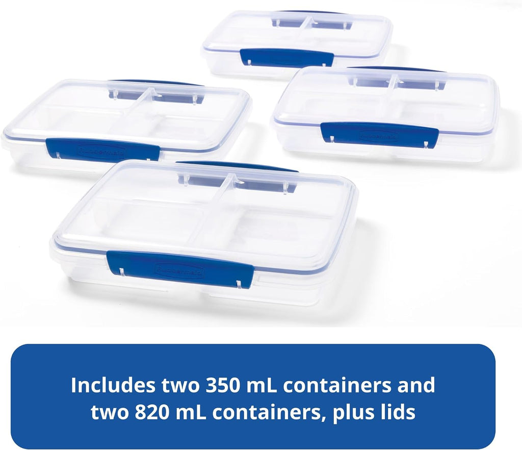 Rubbermaid Pack & Go Set with Two 350 mL Containers and Two 820 mL Containers, Divided Compartments, Meal Prep Containers with Secure Seal Lids