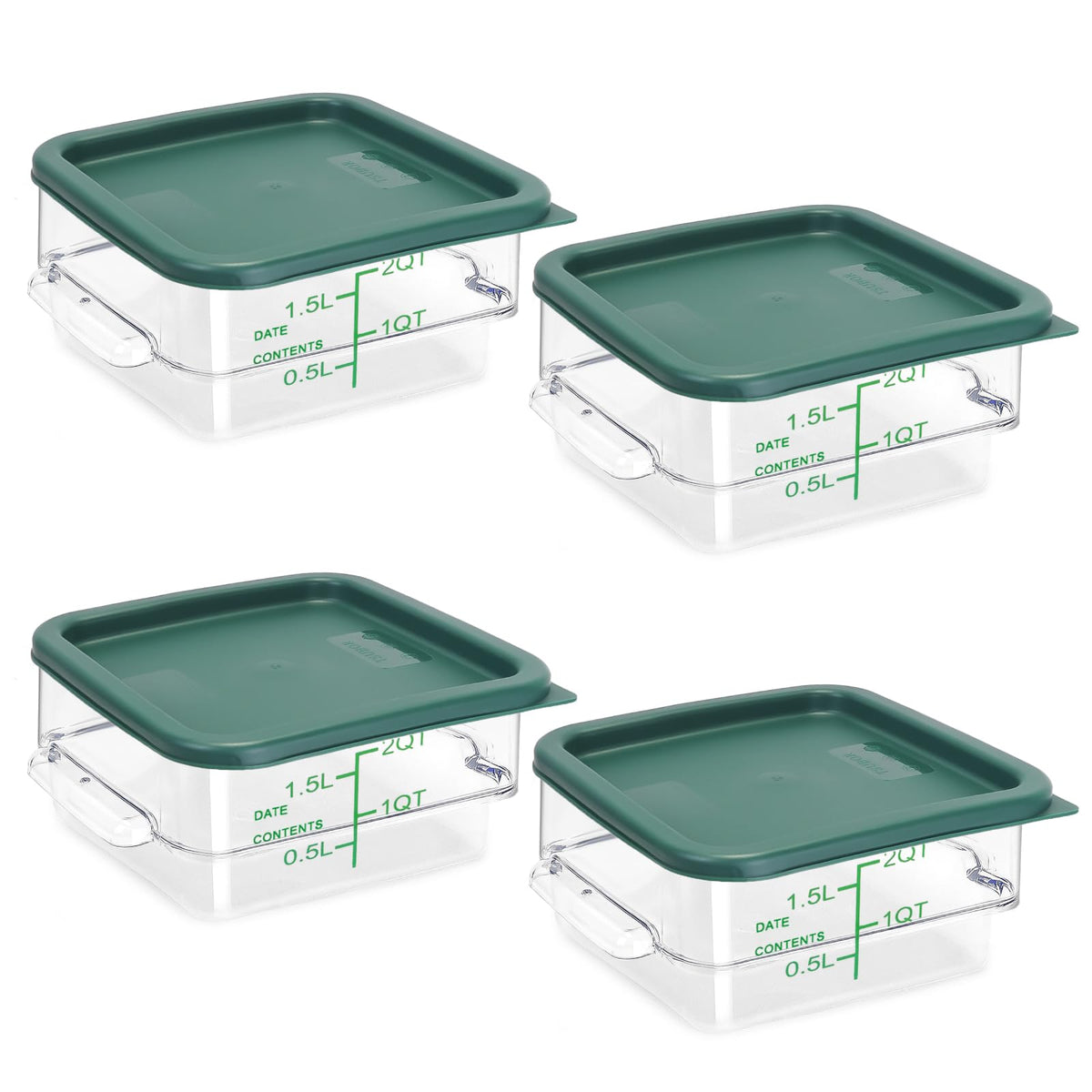 4 Pack Food Storage Containers with Green Lids, 4.0 Qt - Square, Clear, Polycarbonate, for Restaurant Commercial Kitchen and Home party