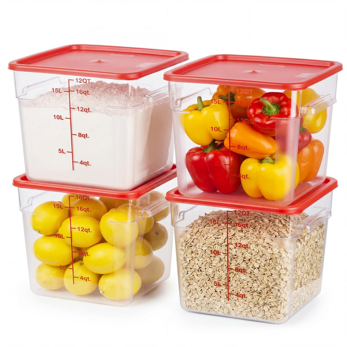 4 Pack Food Storage Containers with Green Lids, 4.0 Qt - Square, Clear, Polycarbonate, for Restaurant Commercial Kitchen and Home party