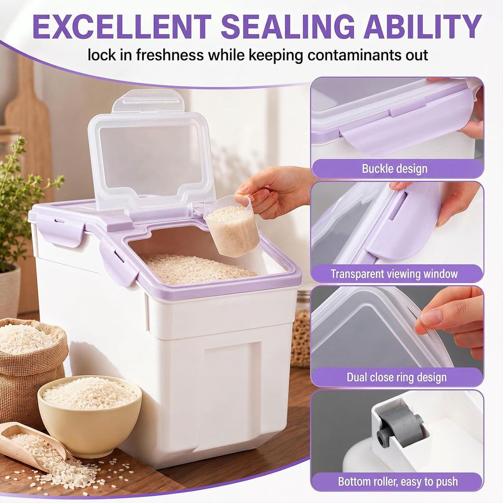 Sunnyray 4 Pcs 55 Lbs Rice Flour Storage Bins with Wheels, Purple