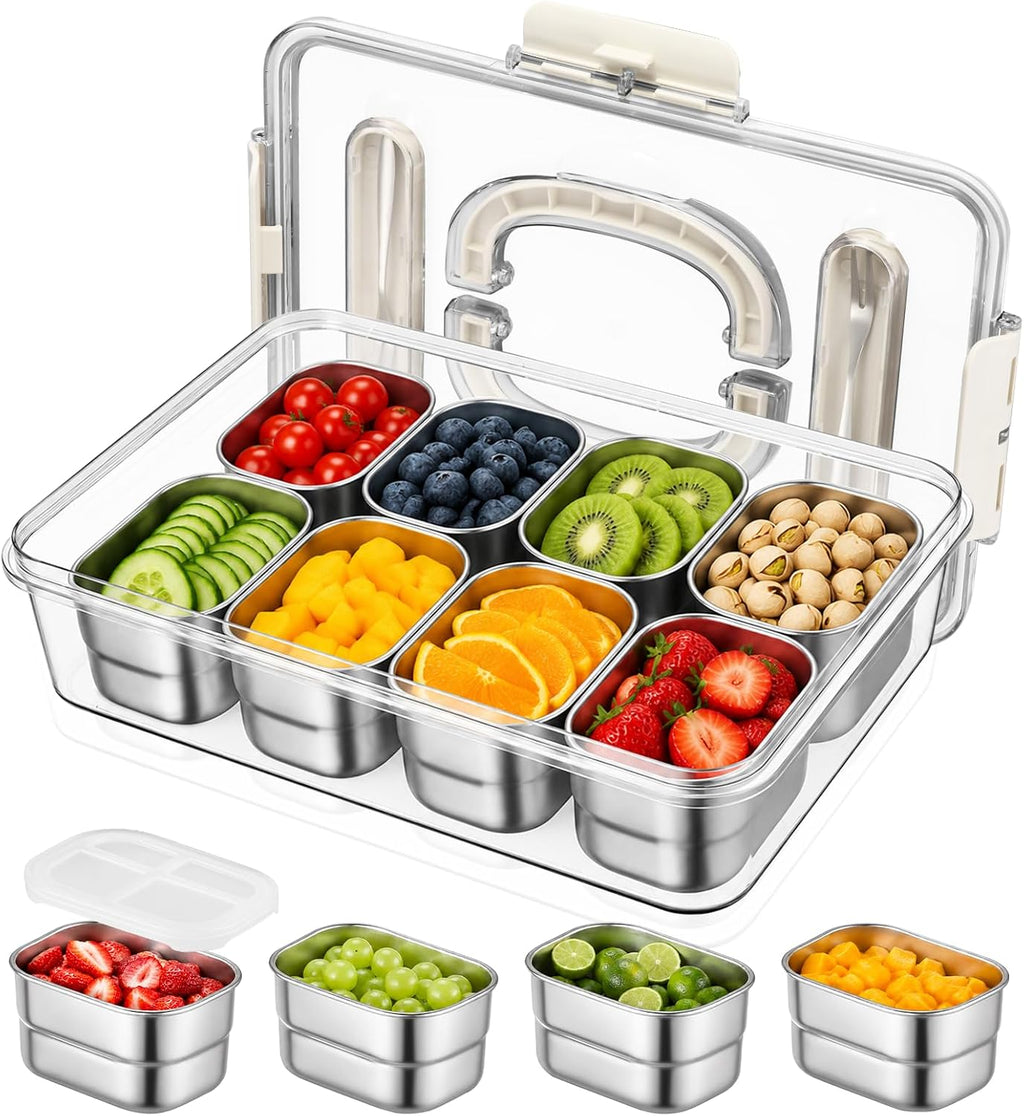 SAKAMOSH Stainless Steel Snackle Box 8 Compartments with Lids & Handle