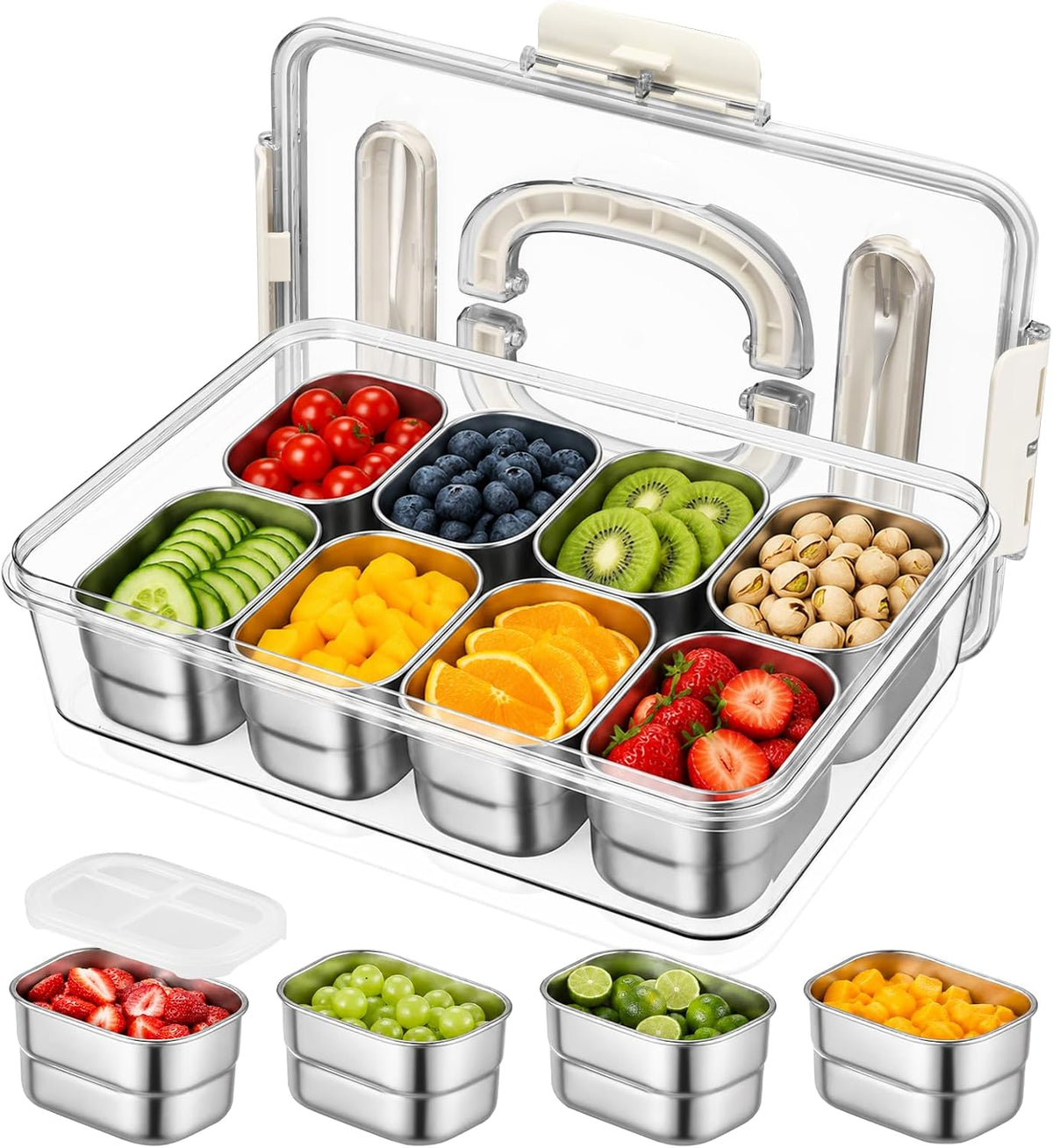 SAKAMOSH Stainless Steel Snackle Box 8 Compartments with Lids & Handle