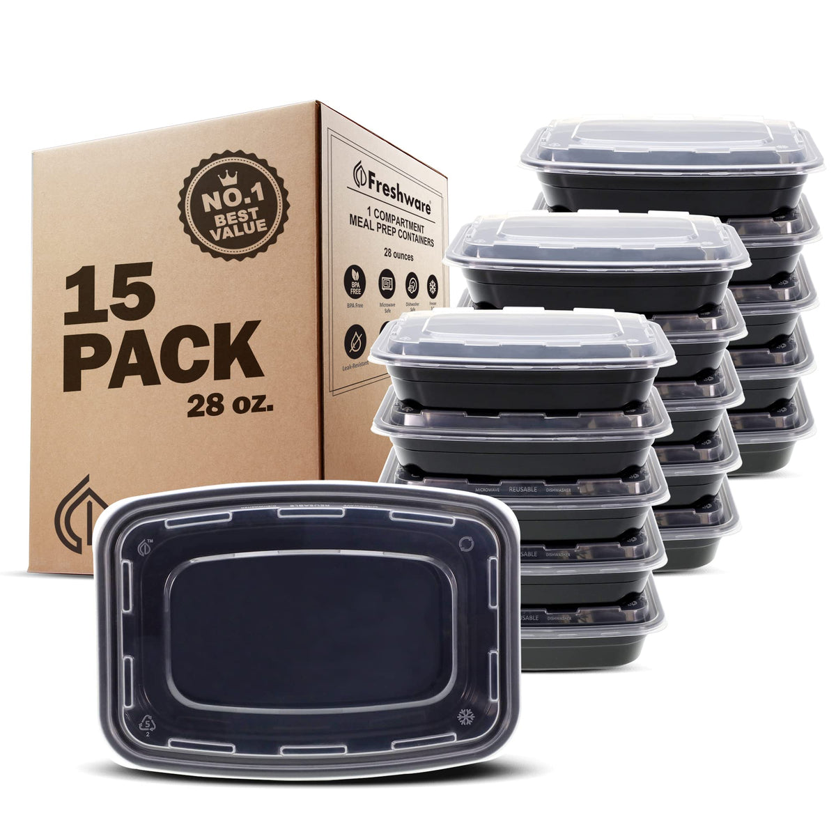 Freshware Meal Prep Containers [150 Pack] 1 Compartment with Lids, Food Storage Containers, Bento Box, BPA Free, Stackable, Microwave/Dishwasher/Freezer Safe (16 oz),Black