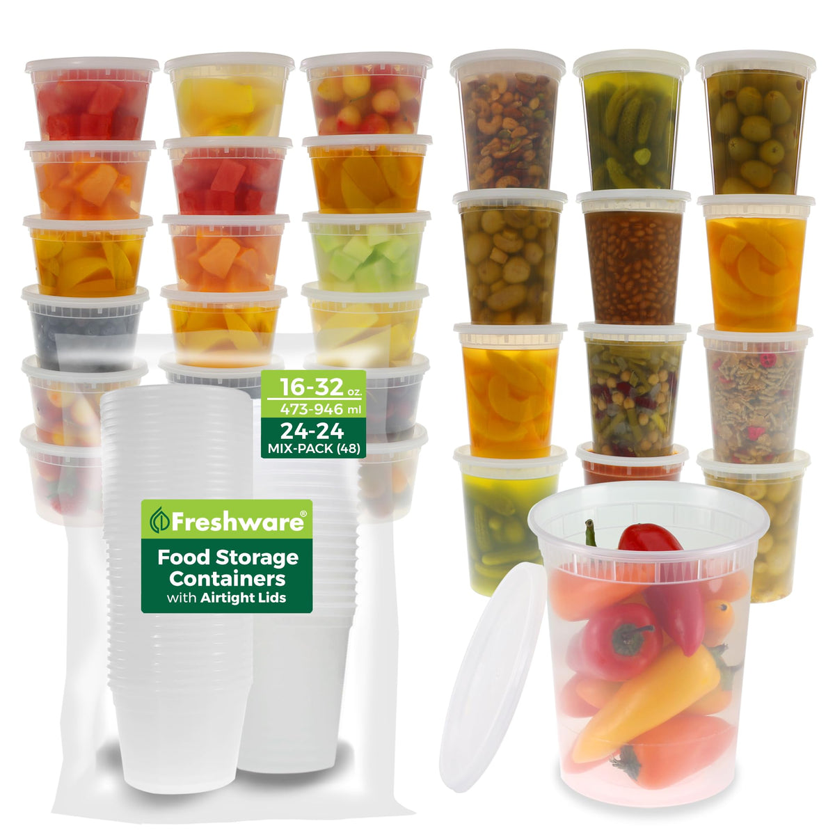 Freshware Food Storage Containers [240 Set] 32 oz Plastic Deli Containers with Lids, Slime, Soup, Meal Prep Containers | BPA Free | Stackable | Leakproof | Microwave/Dishwasher/Freezer Safe