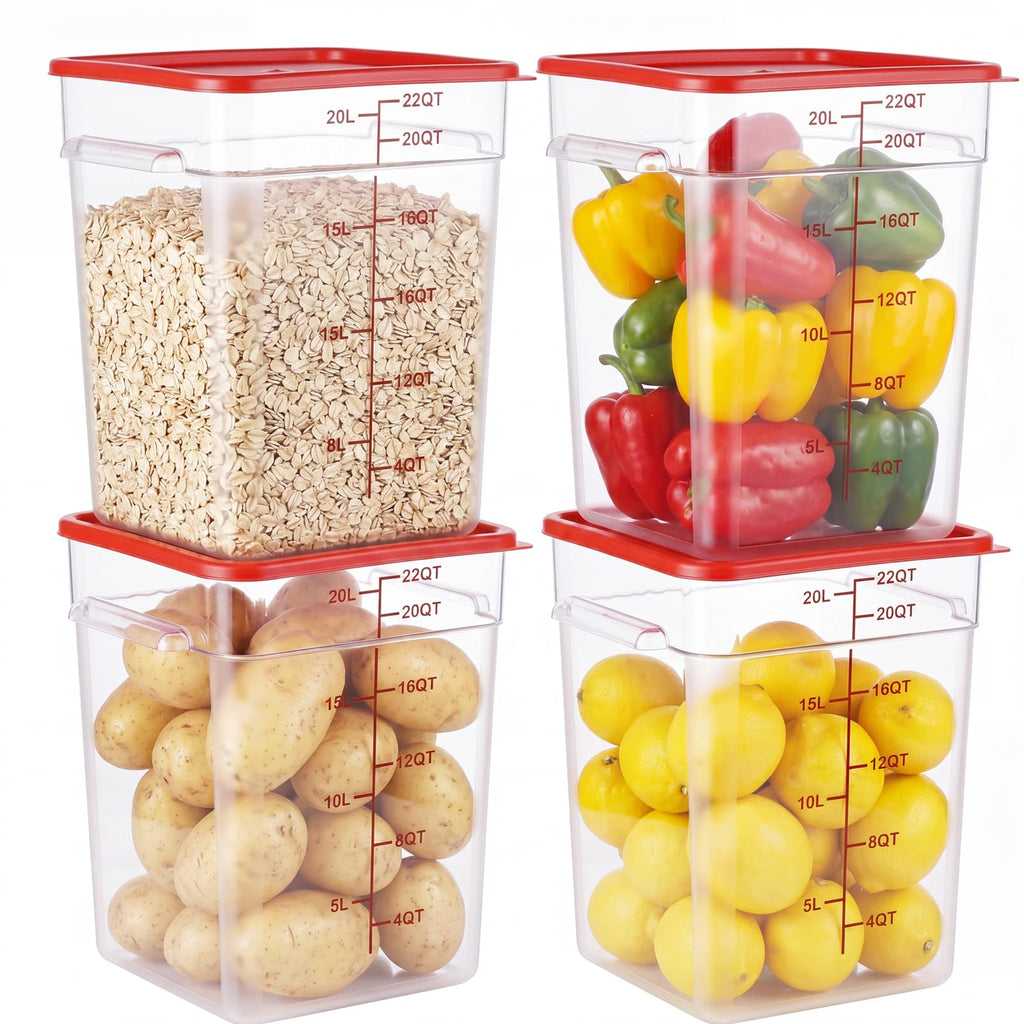 4 Pack Food Storage Containers with Green Lids, 4.0 Qt - Square, Clear, Polycarbonate, for Restaurant Commercial Kitchen and Home party
