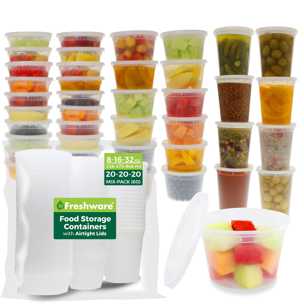 Freshware Food Storage Containers [240 Set] 32 oz Plastic Deli Containers with Lids, Slime, Soup, Meal Prep Containers | BPA Free | Stackable | Leakproof | Microwave/Dishwasher/Freezer Safe