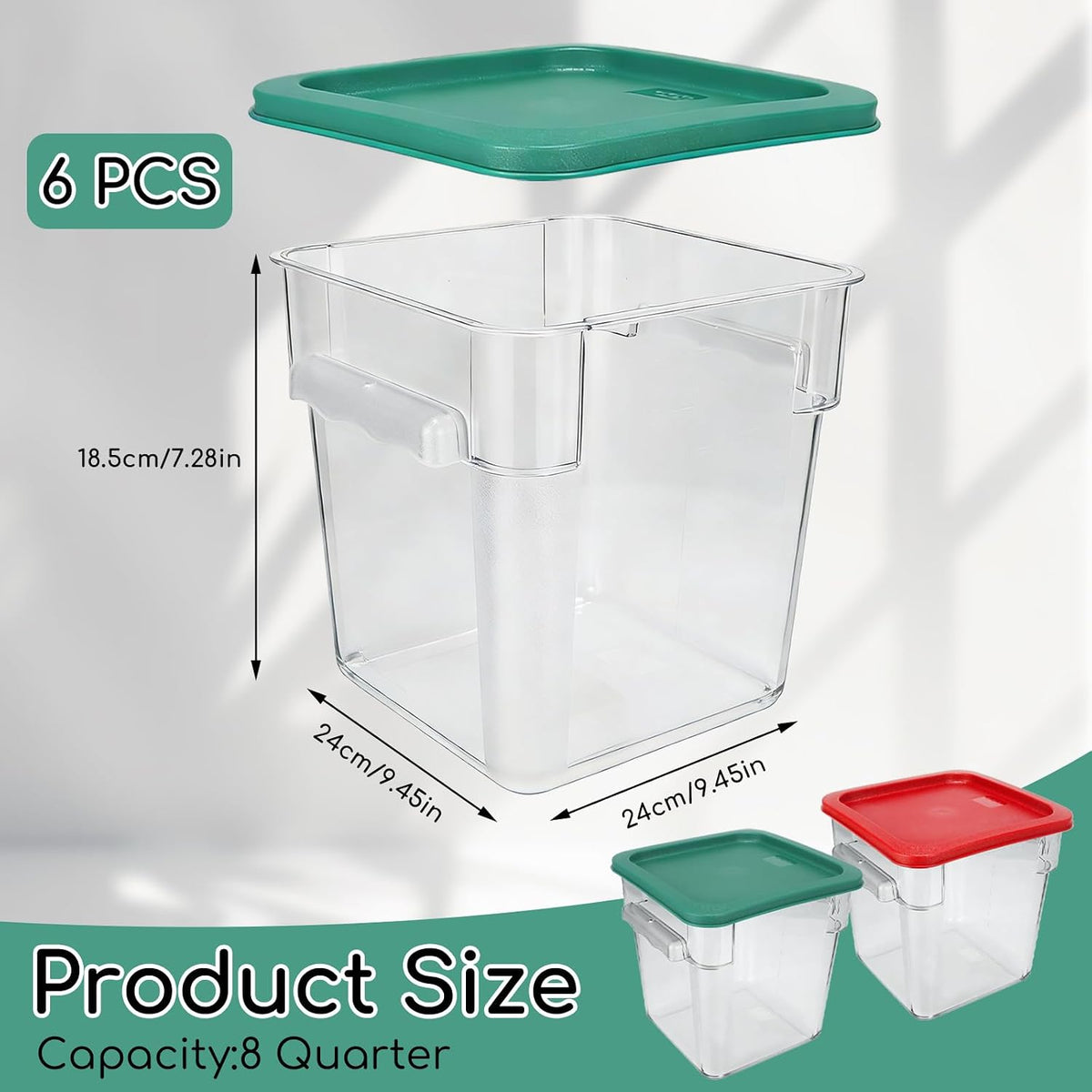 6 Pack 8 Qt Food Storage Containers with Lids, Commercial Clear Square