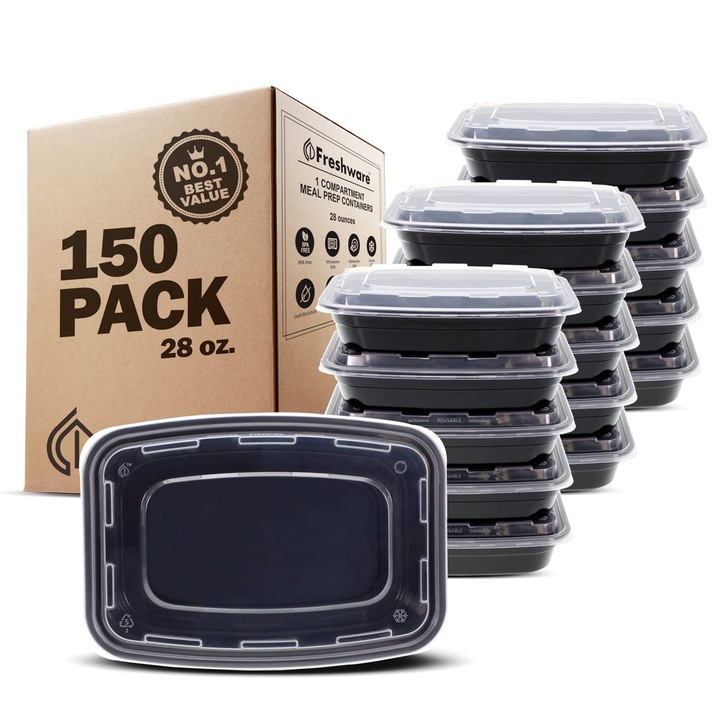 Freshware Meal Prep Containers [150 Pack] 1 Compartment with Lids, Food Storage Containers, Bento Box, BPA Free, Stackable, Microwave/Dishwasher/Freezer Safe (16 oz),Black