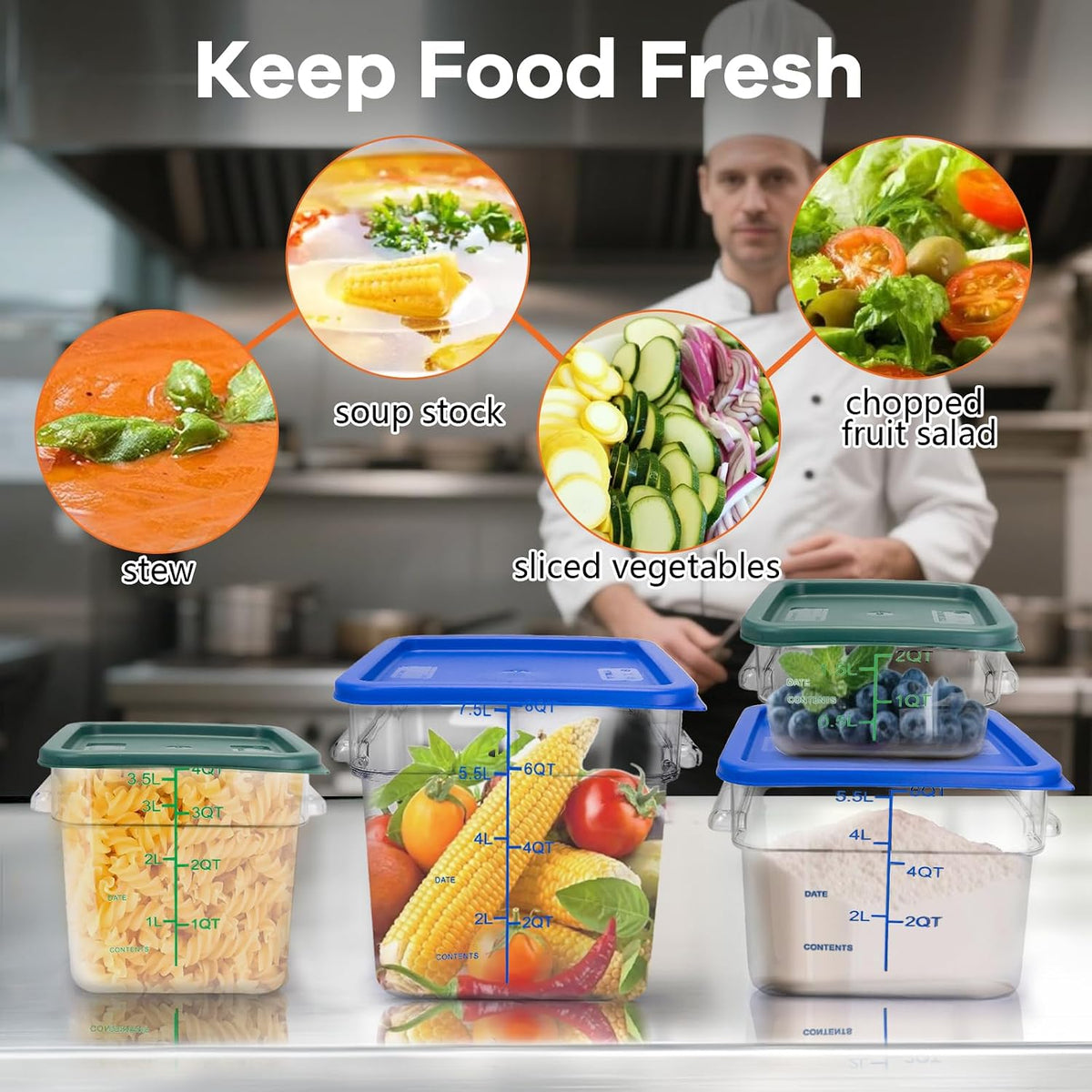 4 Pack Food Storage Containers with Green Lids, 4.0 Qt - Square, Clear, Polycarbonate, for Restaurant Commercial Kitchen and Home party