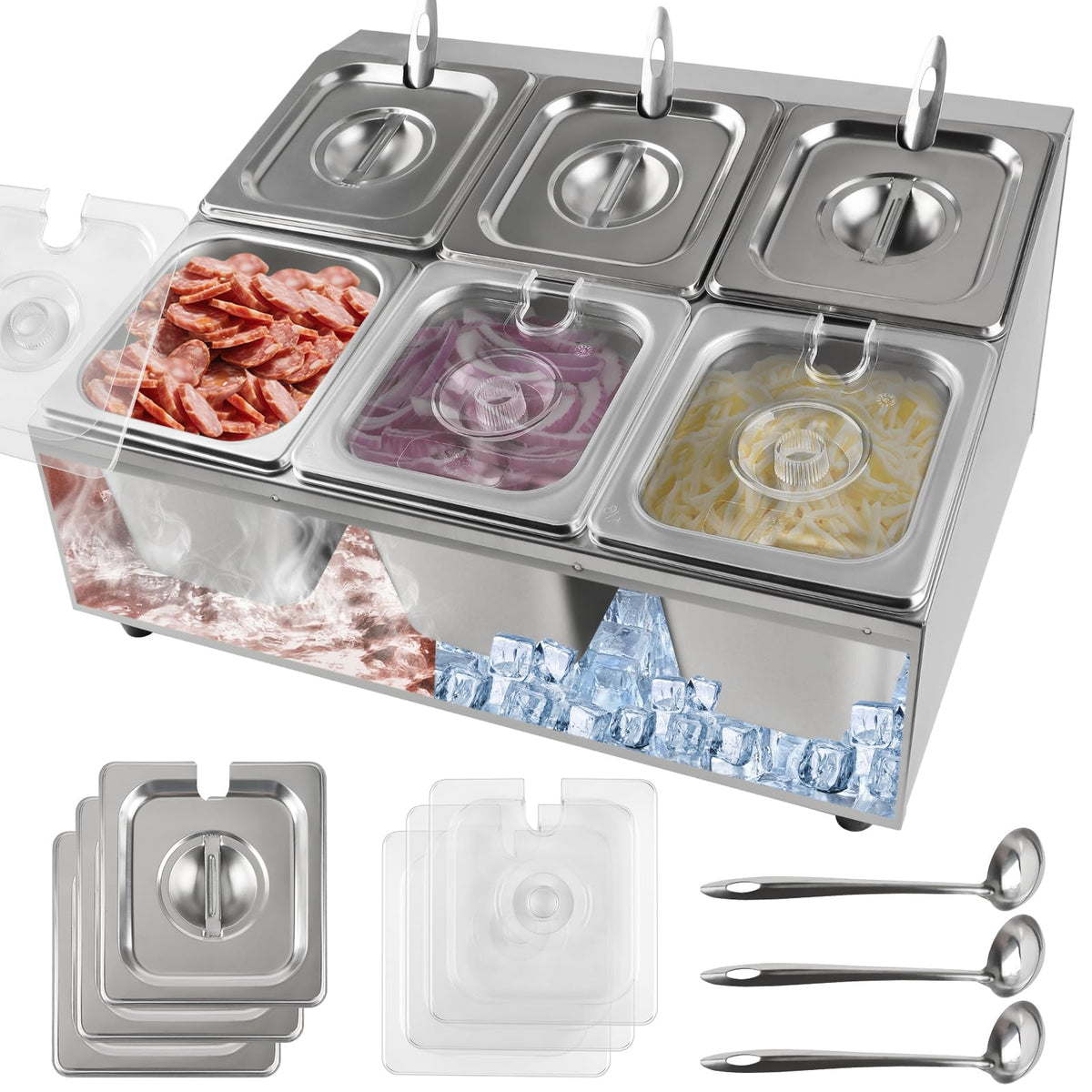 Kalolary 7 Grids Stainless Steel Topping Containers with Flip Lids