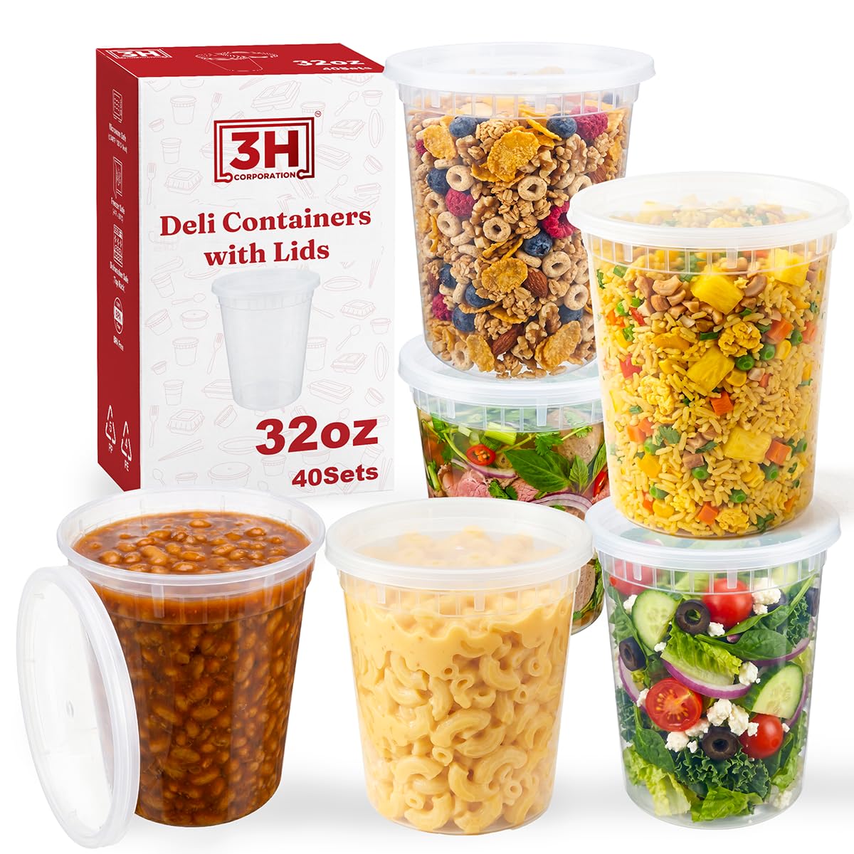 32 oz Food Storage Containers with Lids (240 Set/480 Piece) Deli Soup Containers, Freezer Microwave Safe, BPA-Free Plastic, Stackable Snack Leakproof Leftover Organizers & To-Go