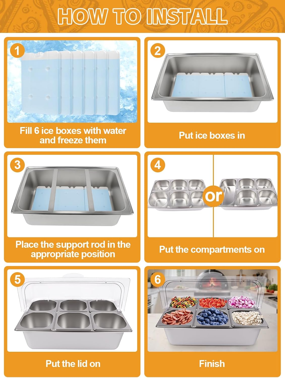 Kalolary 7 Grids Stainless Steel Topping Containers with Flip Lids