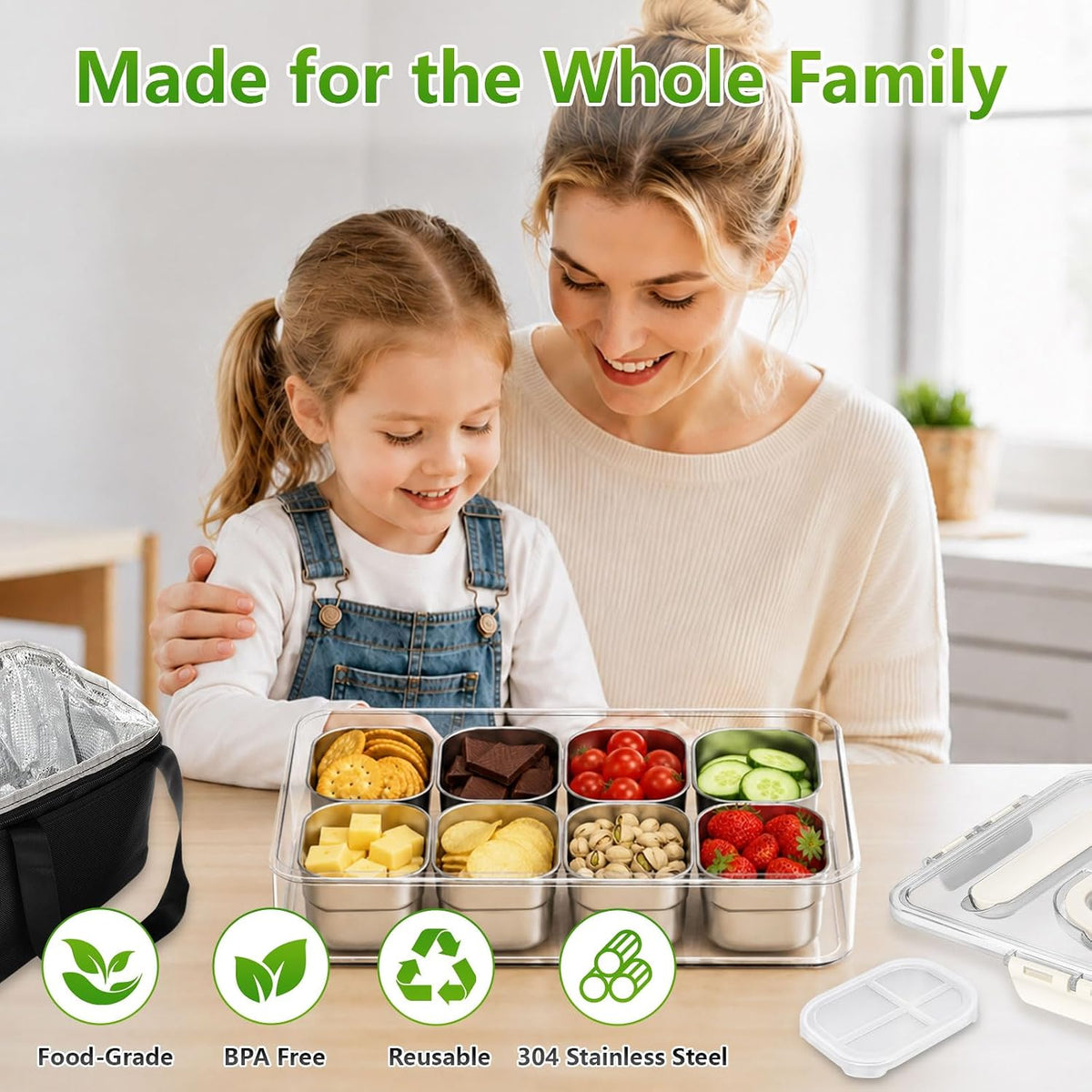 SAKAMOSH Stainless Steel Snackle Box 8 Compartments with Lids & Handle