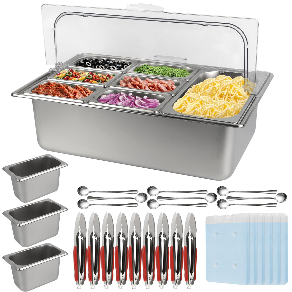 Kalolary 7 Grids Stainless Steel Topping Containers with Flip Lids