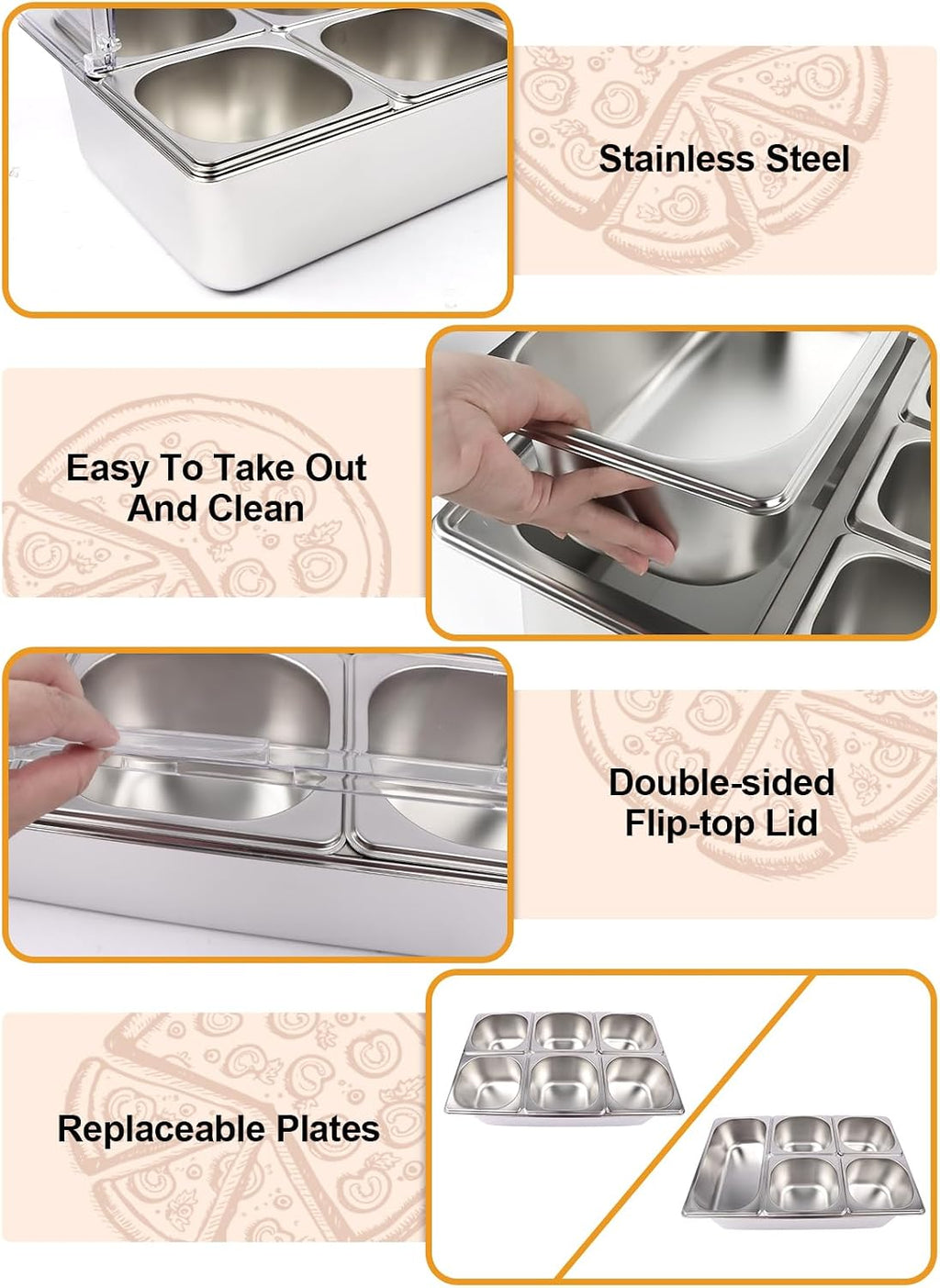Kalolary 7 Grids Stainless Steel Topping Containers with Flip Lids