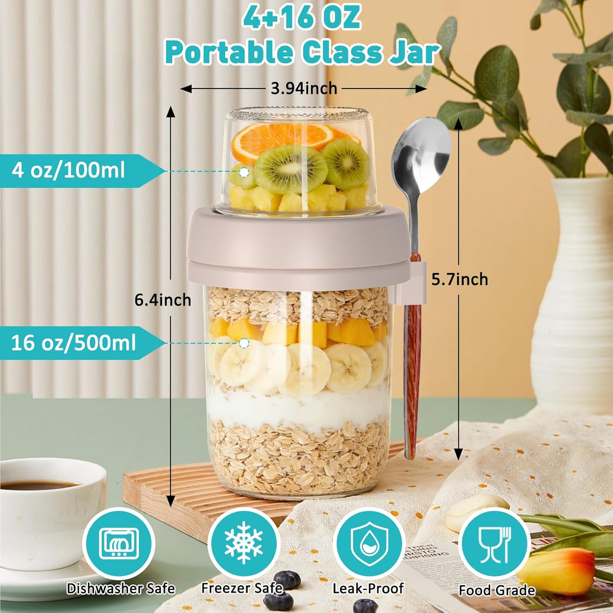 4 Pack 20 oz Overnight Oats Containers with Lids and Spoons, Glass