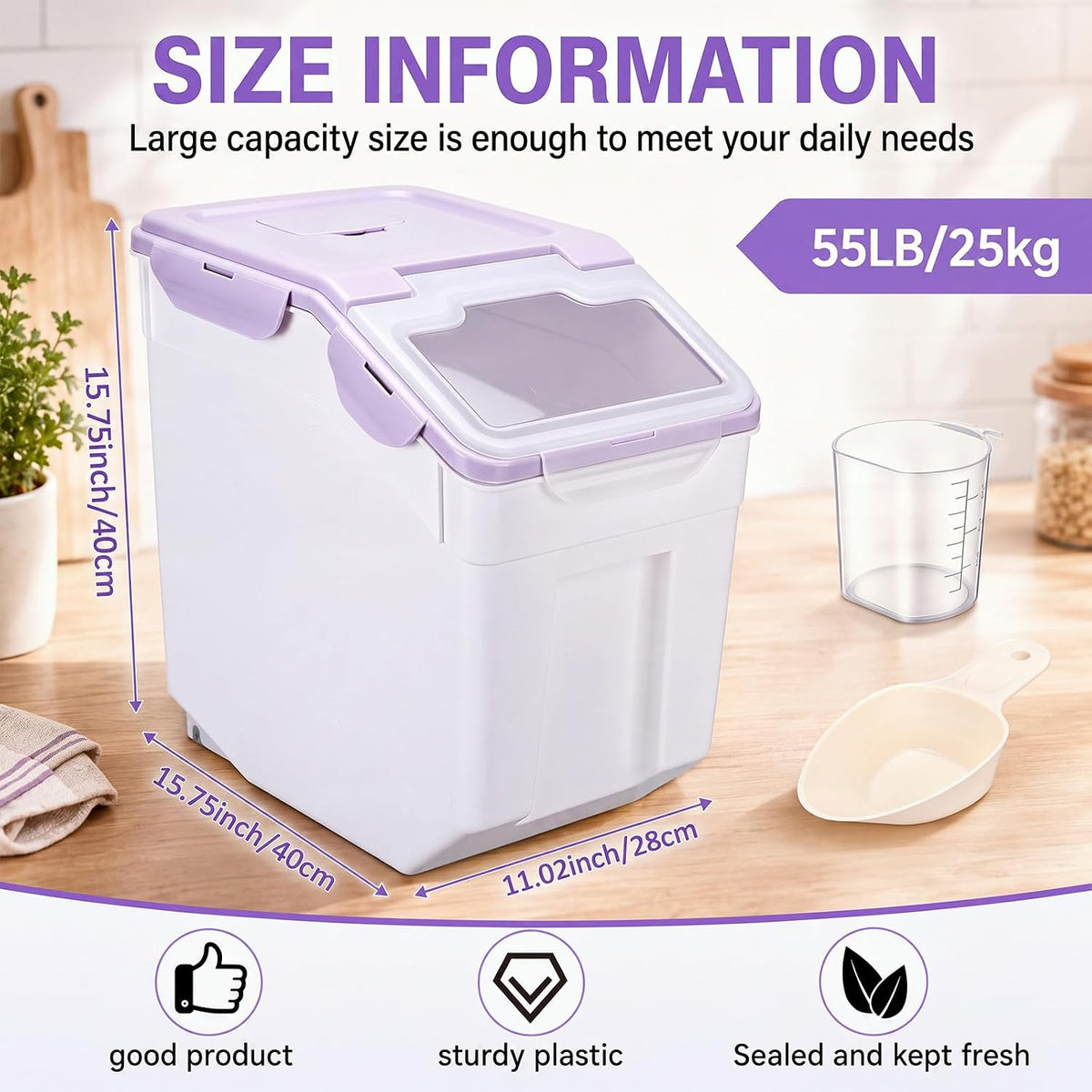 Sunnyray 4 Pcs 55 Lbs Rice Flour Storage Bins with Wheels, Purple