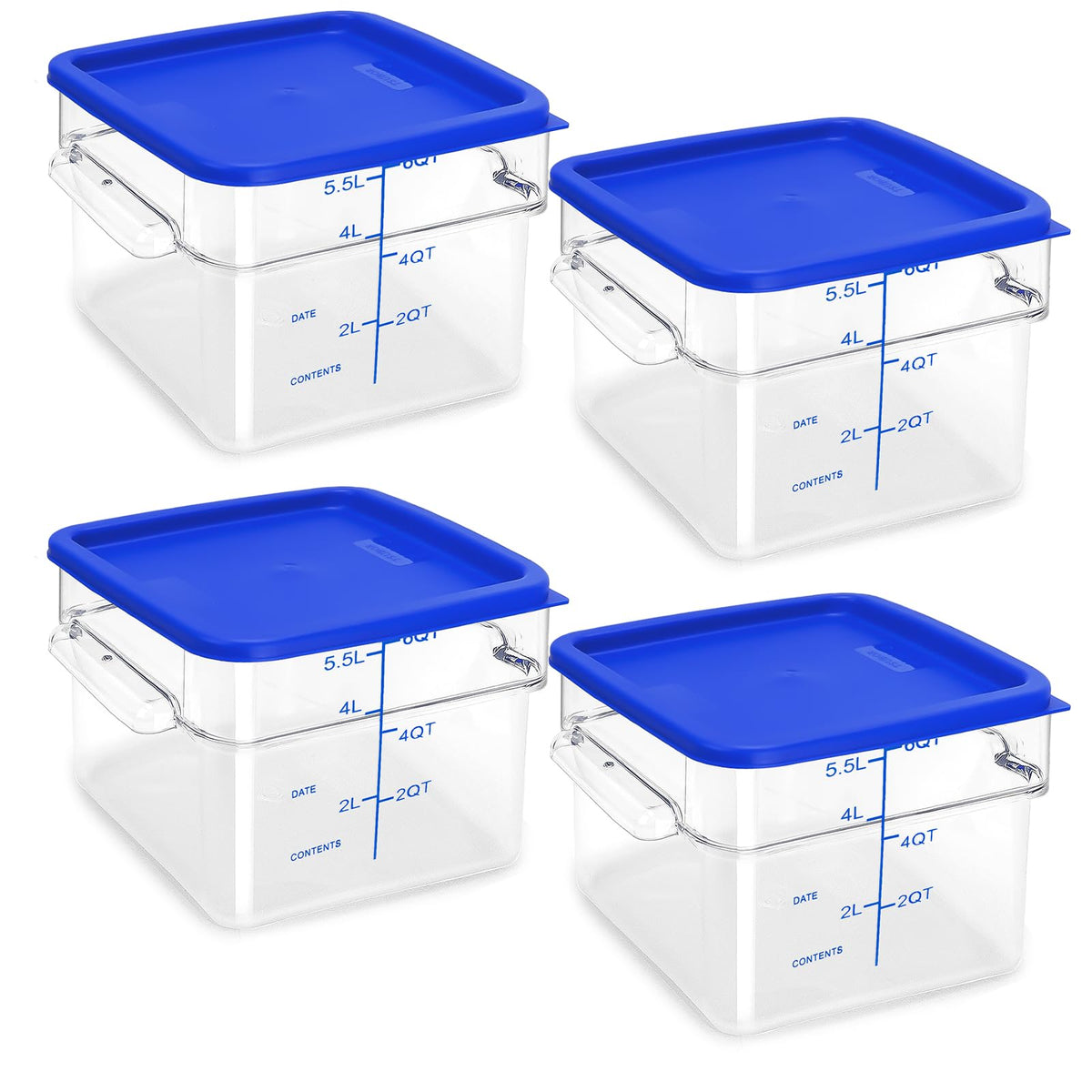 4 Pack Food Storage Containers with Green Lids, 4.0 Qt - Square, Clear, Polycarbonate, for Restaurant Commercial Kitchen and Home party