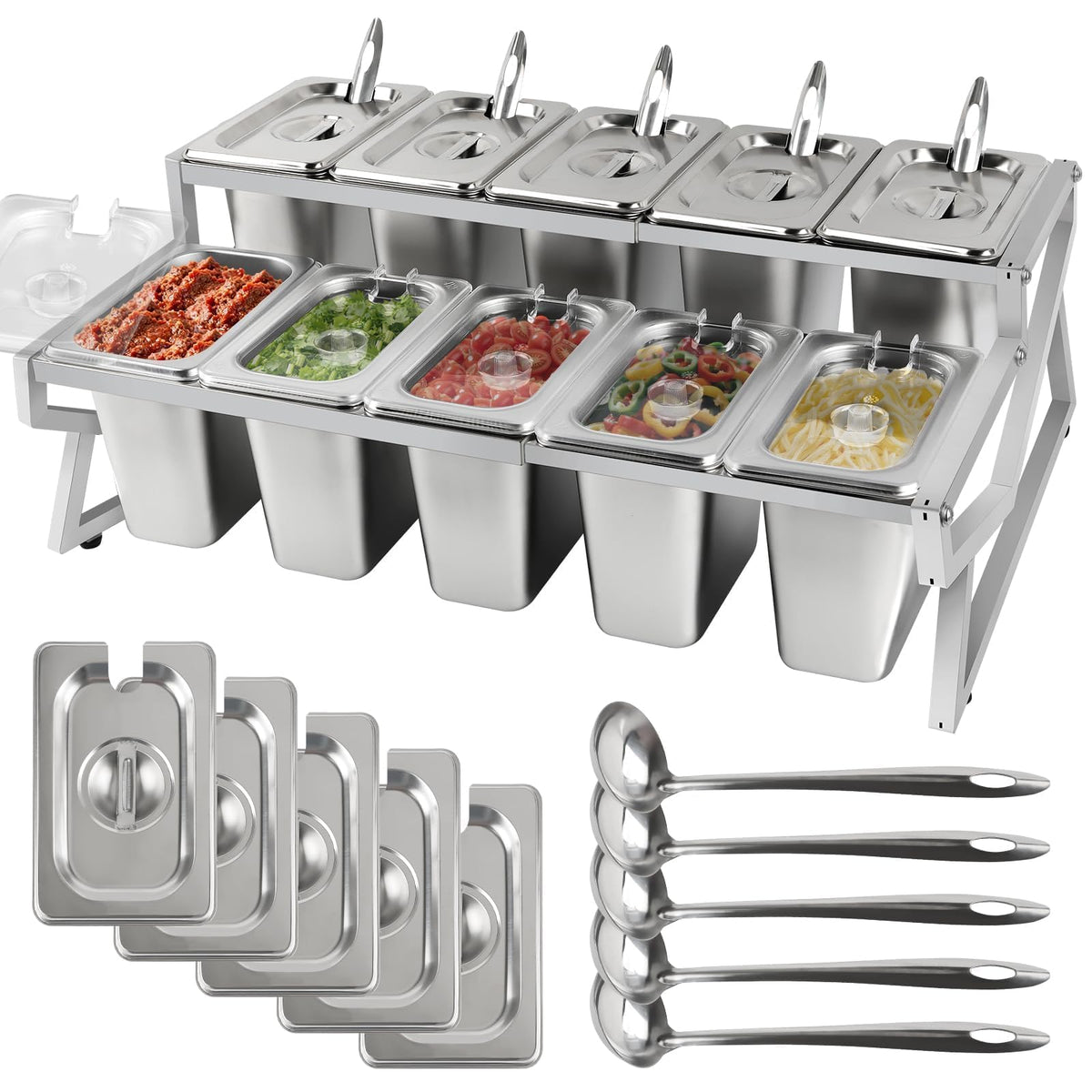 Kalolary 7 Grids Stainless Steel Topping Containers with Flip Lids
