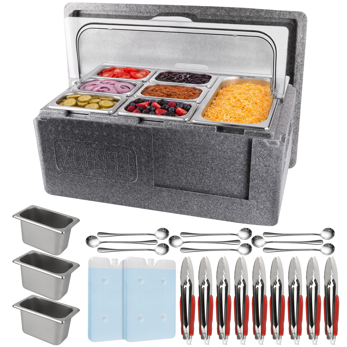 Kalolary 7 Grids Stainless Steel Topping Containers with Flip Lids