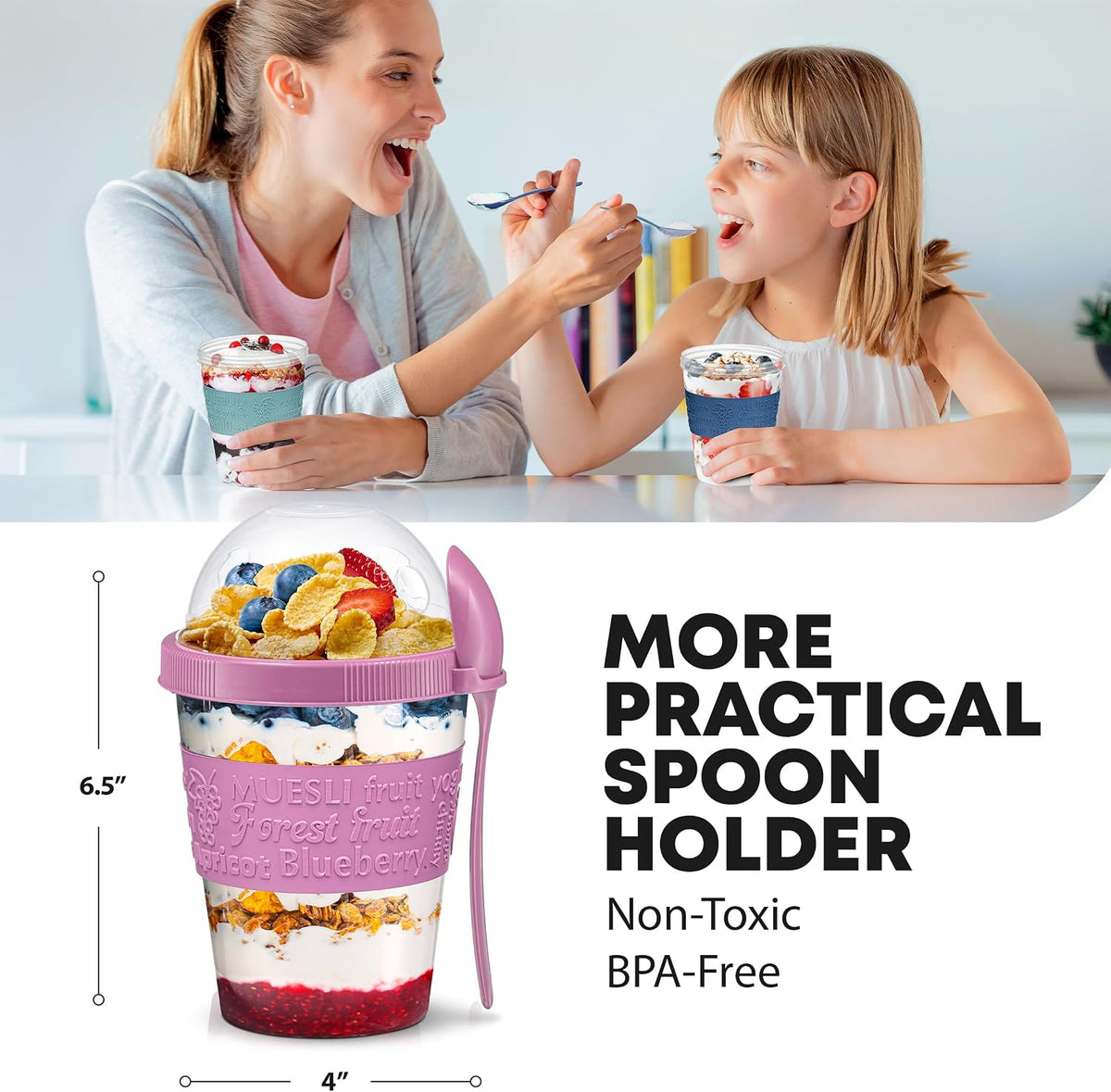 Tribello 4 Pack - On the Go Yogurt Parfait Cups with Lids, Topping Compartment & Spoon, Yogurt/Parfait Cups for Breakfast Meal Prep, Reusable Leak Proof Container - BPA Free - 20oz - Colorfull