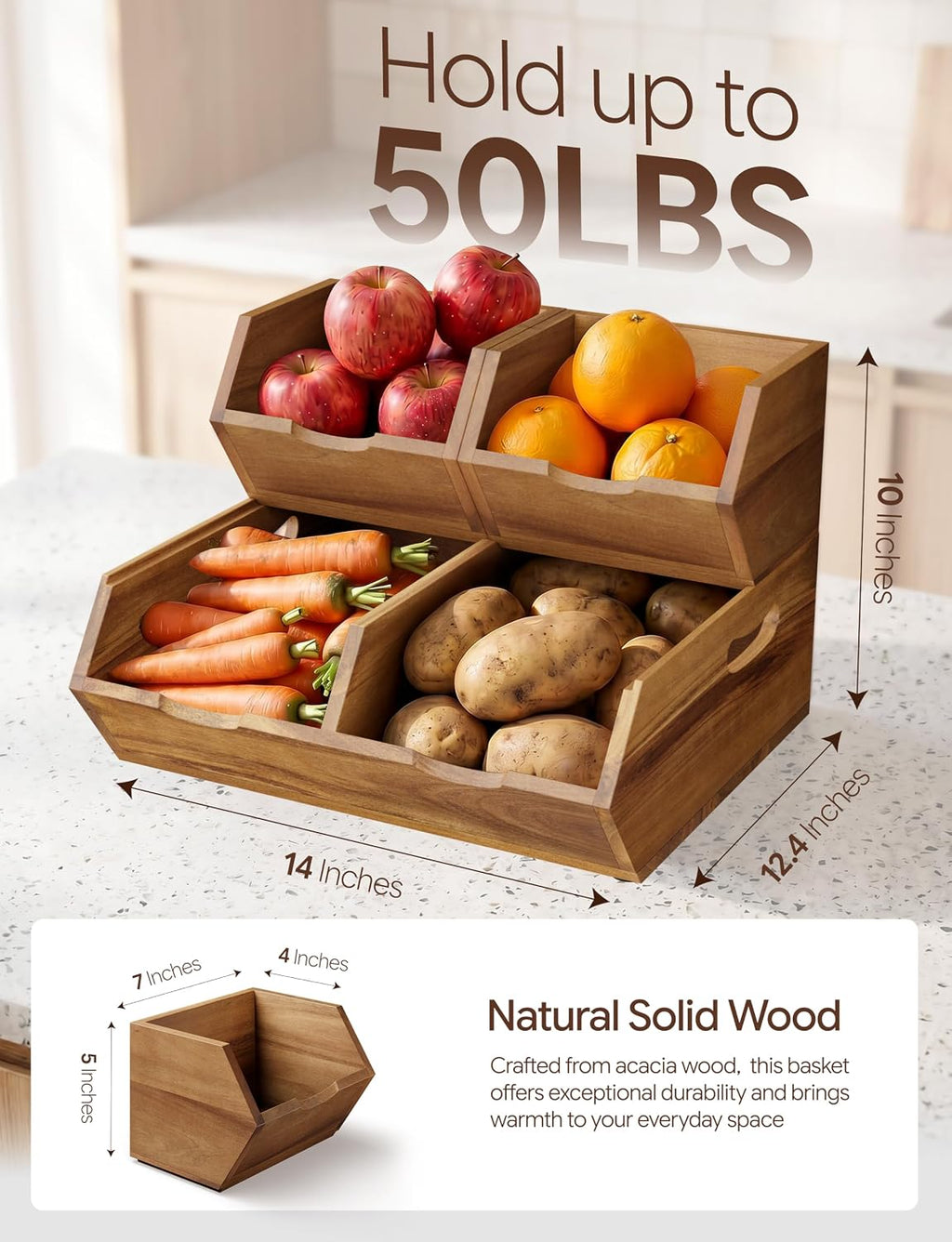 TIDITA Set 3 Wood Potato and Onion Storage Bin, Stackable Product Basket