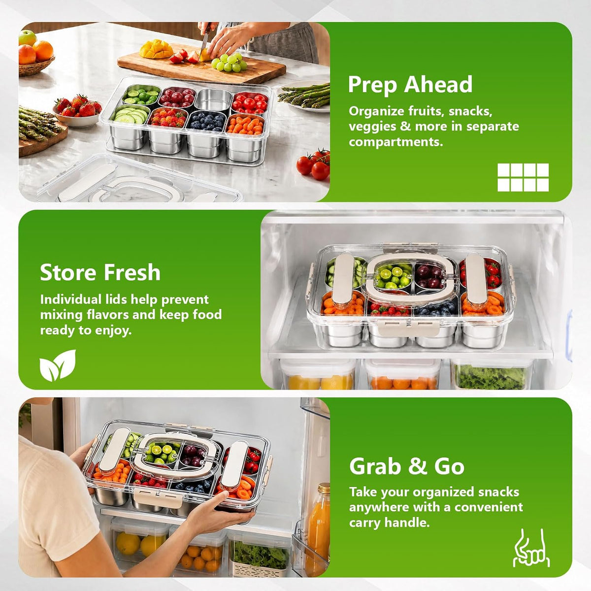SAKAMOSH Stainless Steel Snackle Box 8 Compartments with Lids & Handle