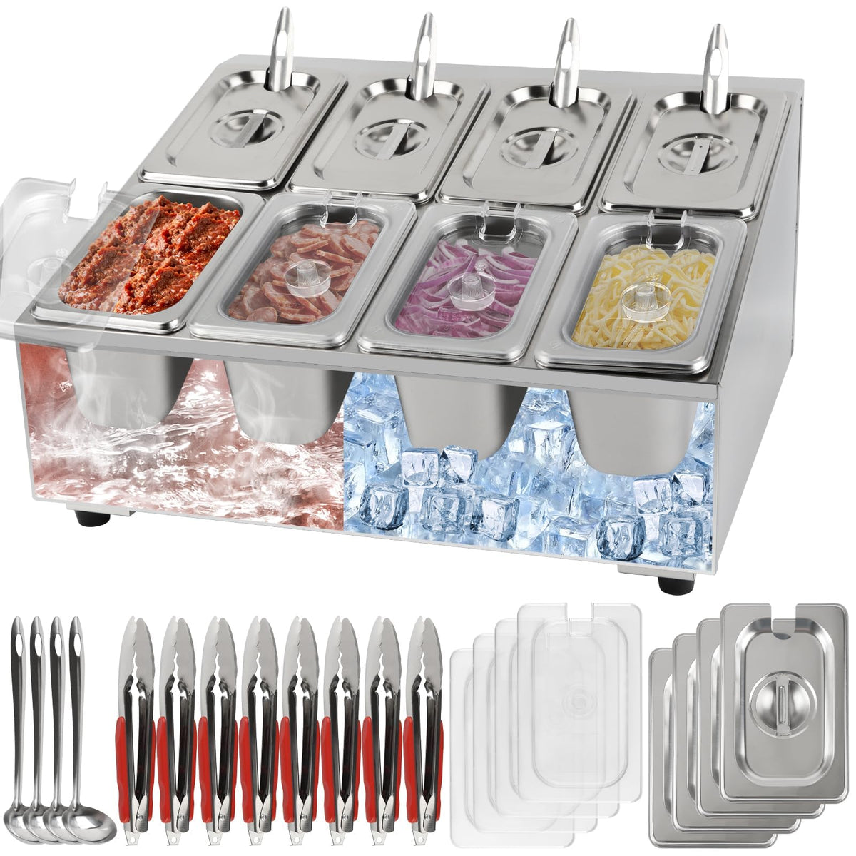 Kalolary 7 Grids Stainless Steel Topping Containers with Flip Lids