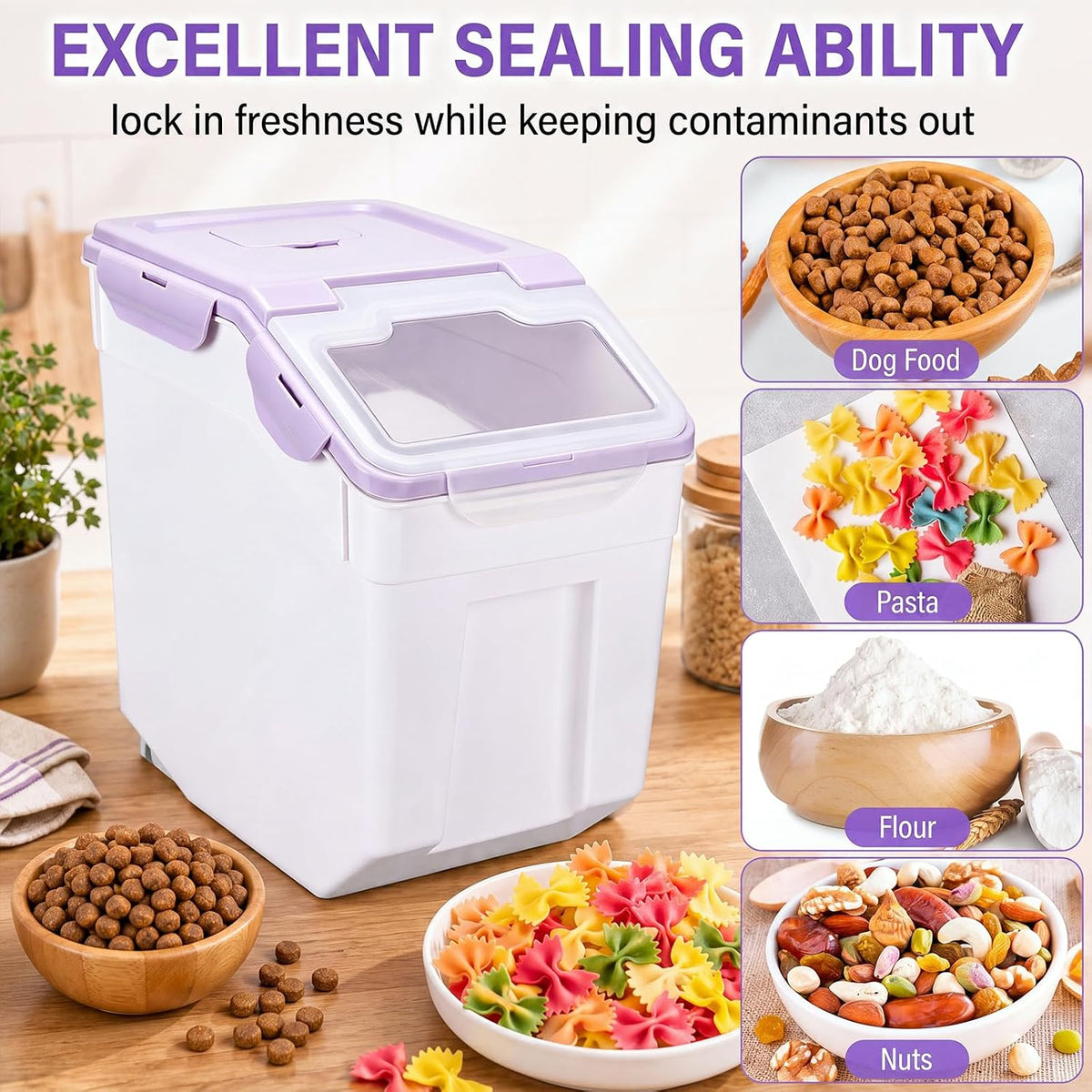 Sunnyray 4 Pcs 55 Lbs Rice Flour Storage Bins with Wheels, Purple