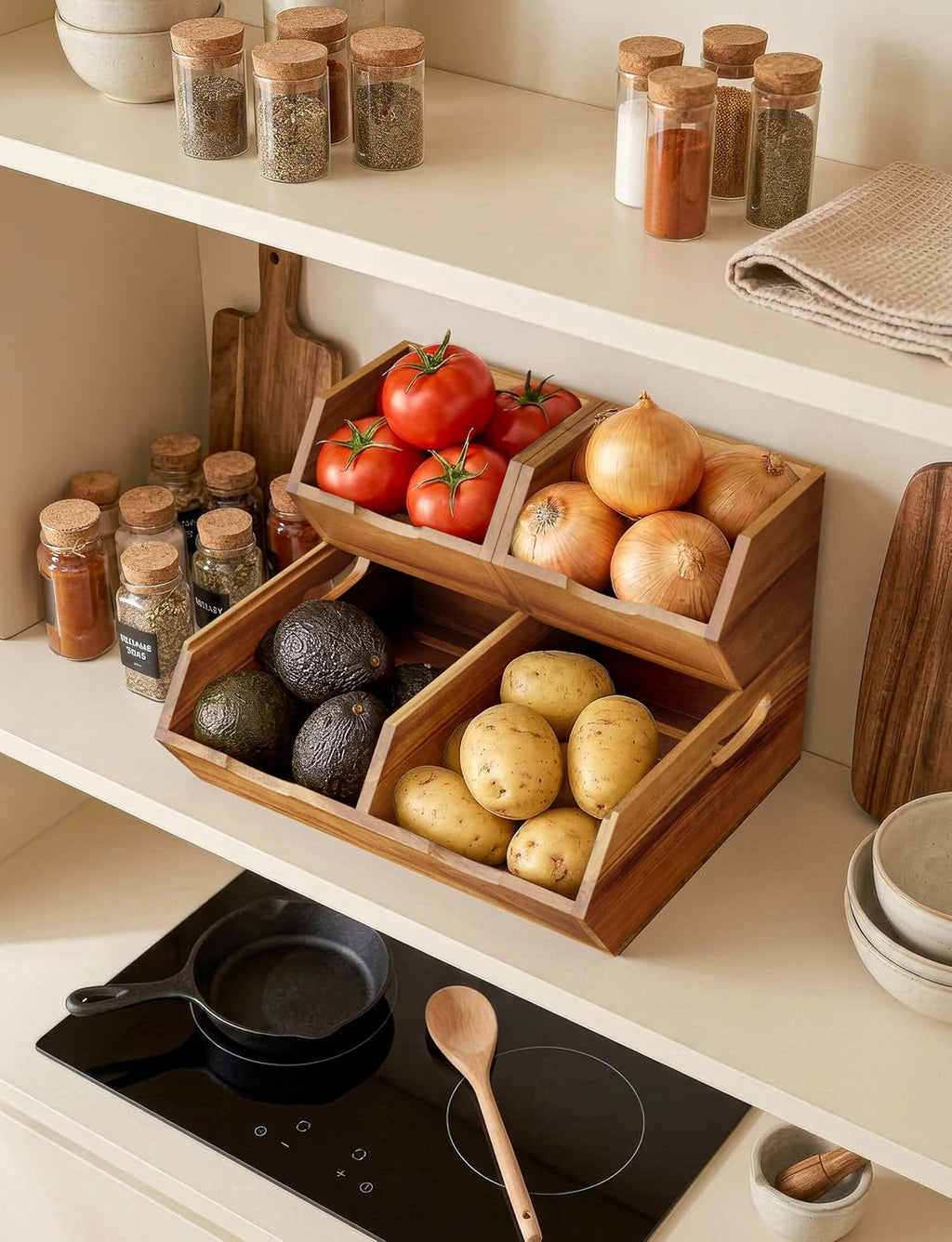 TIDITA Set 3 Wood Potato and Onion Storage Bin, Stackable Product Basket