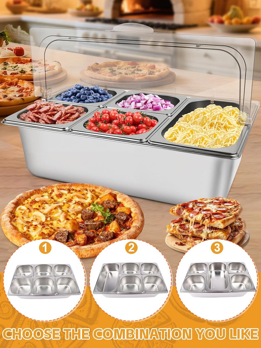 Kalolary 7 Grids Stainless Steel Topping Containers with Flip Lids
