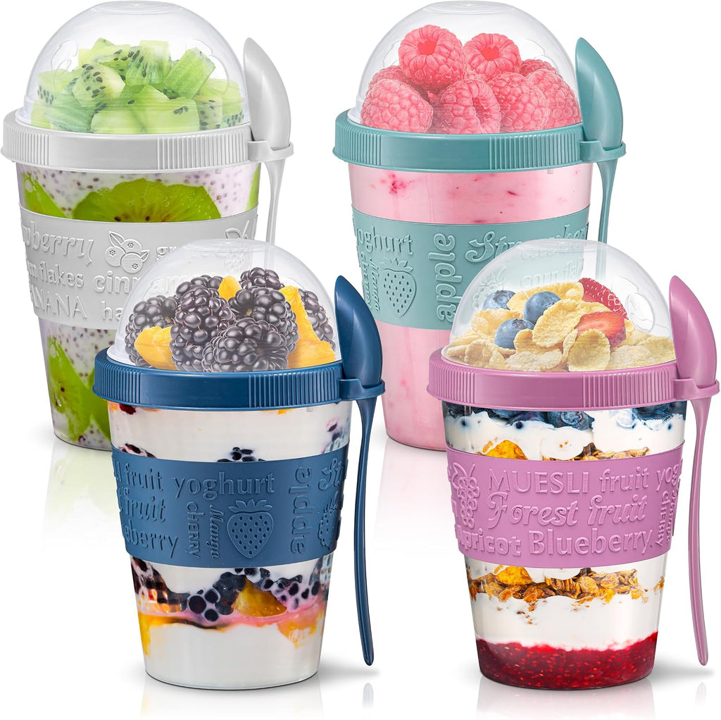 Tribello 4 Pack - On the Go Yogurt Parfait Cups with Lids, Topping Compartment & Spoon, Yogurt/Parfait Cups for Breakfast Meal Prep, Reusable Leak Proof Container - BPA Free - 20oz - Colorfull