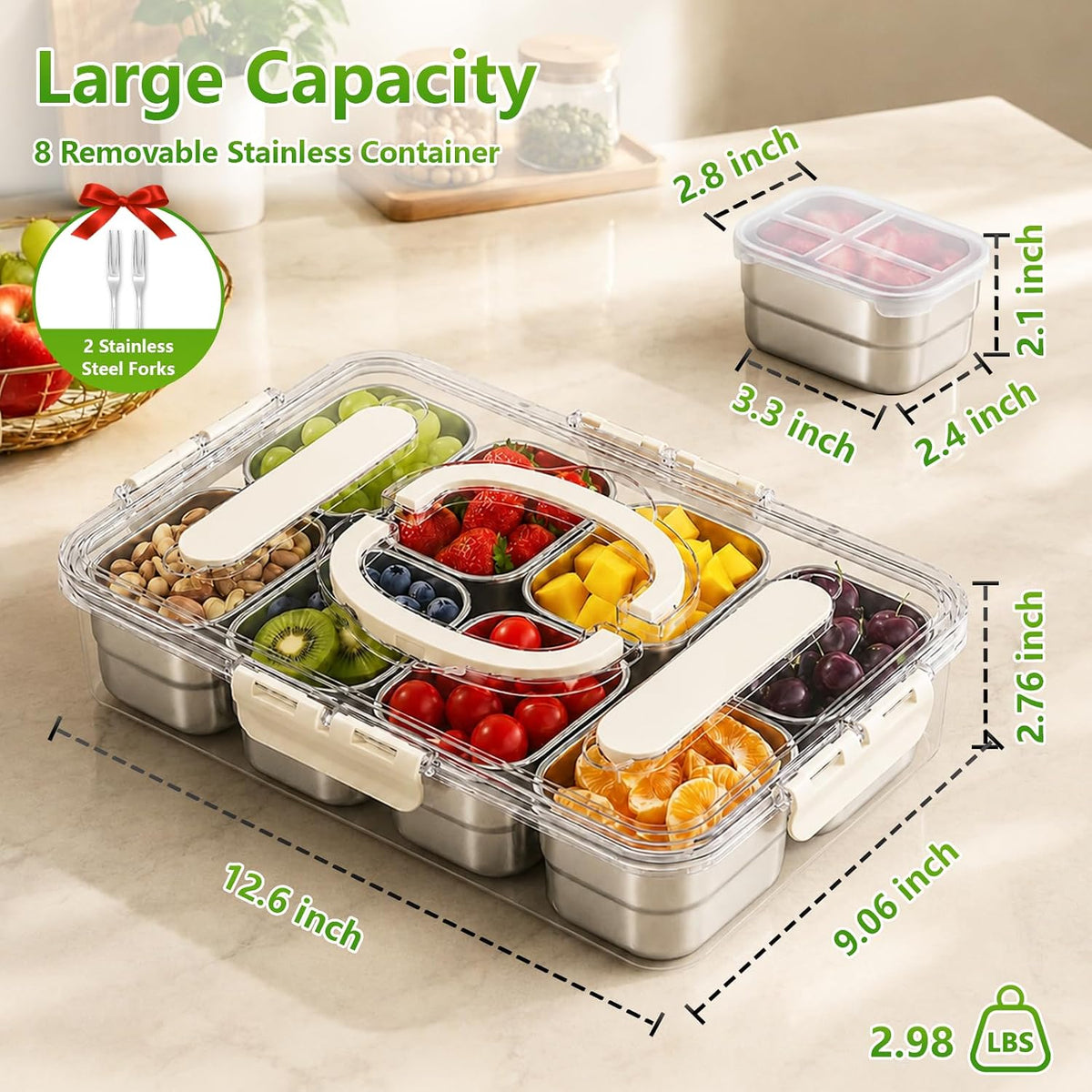 SAKAMOSH Stainless Steel Snackle Box 8 Compartments with Lids & Handle