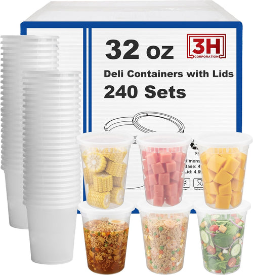 32 oz Food Storage Containers with Lids (240 Set/480 Piece) Deli Soup Containers, Freezer Microwave Safe, BPA-Free Plastic, Stackable Snack Leakproof Leftover Organizers & To-Go