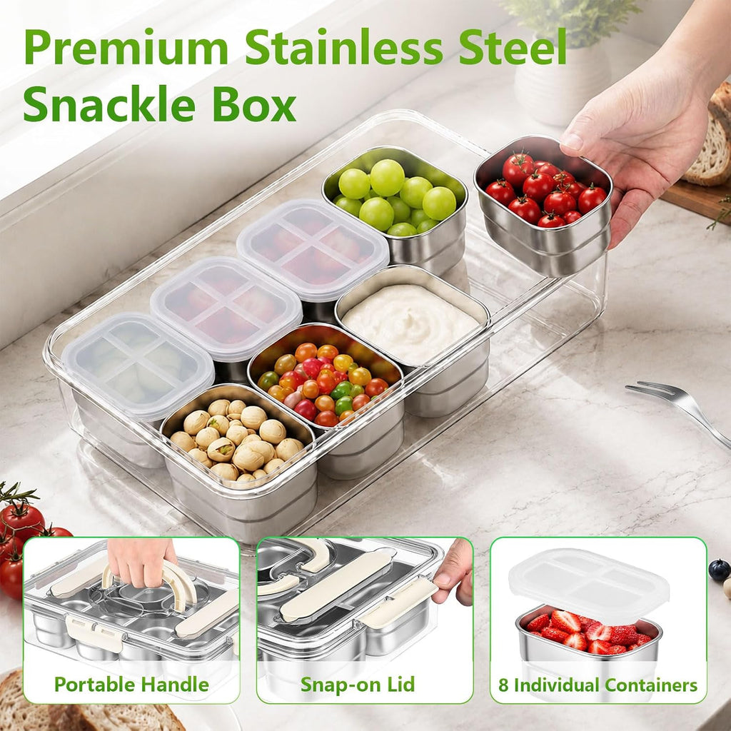 SAKAMOSH Stainless Steel Snackle Box 8 Compartments with Lids & Handle
