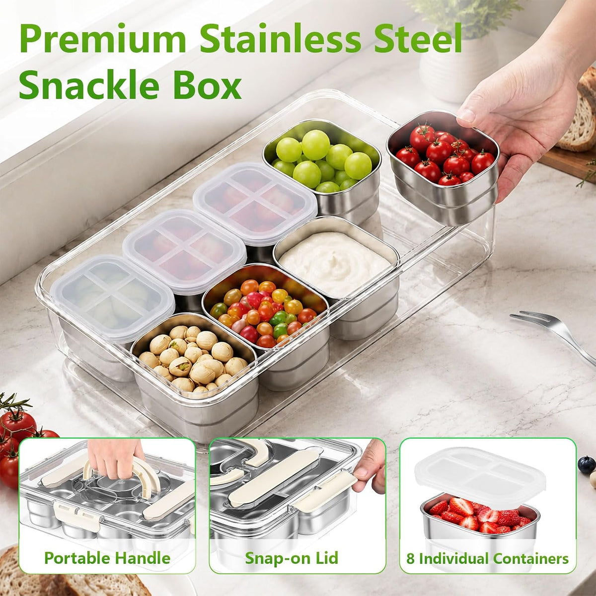 SAKAMOSH Stainless Steel Snackle Box 8 Compartments with Lids & Handle